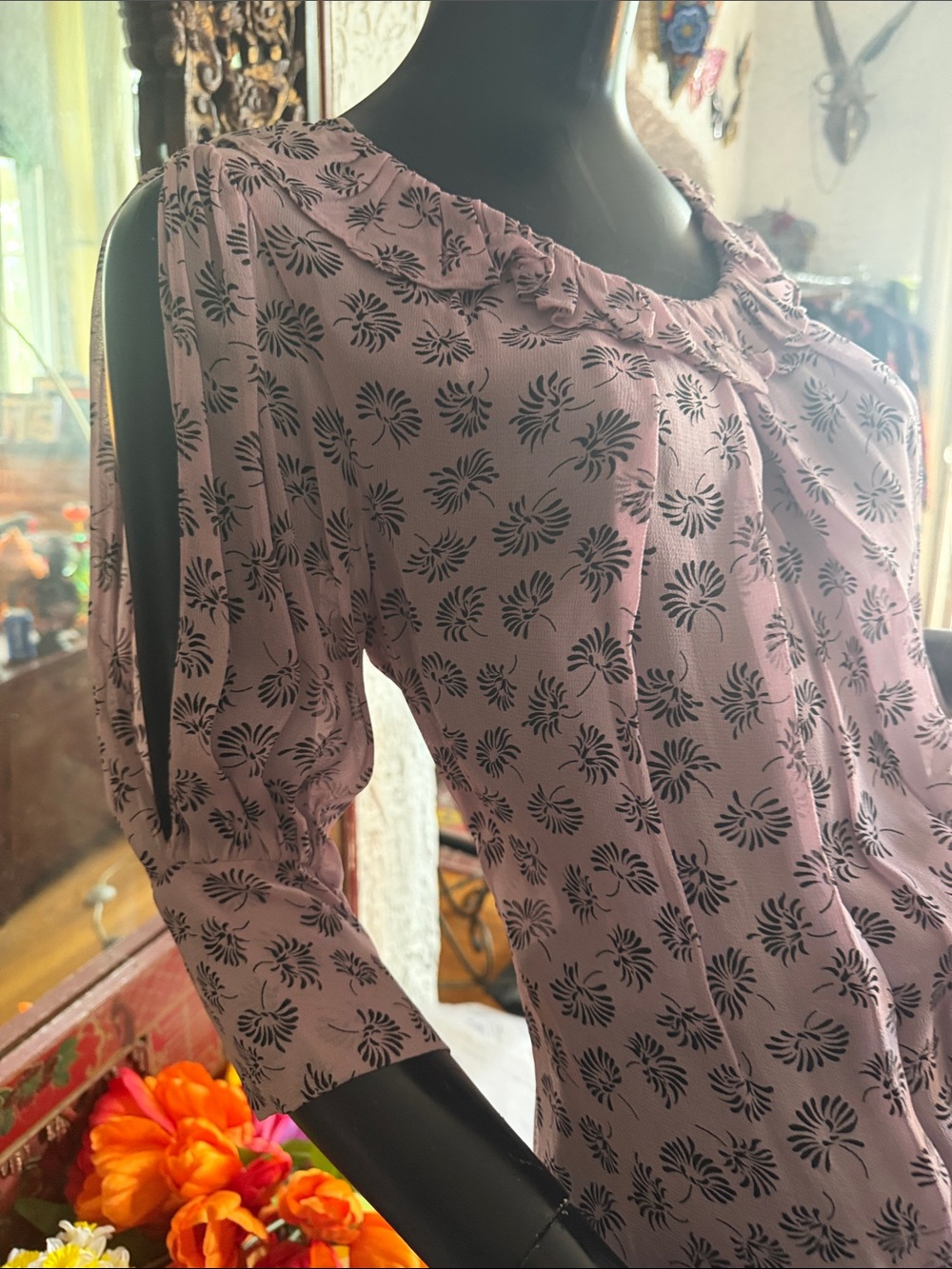 Pink Floral Print Ruffled Neck Blouses - Picture 6 of 7